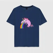 Женская футболка хлопок Oversize «Единорог, блюющий радугой»